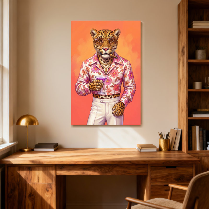 Animals Leopard In Floral Shirt Holding Cocktail, 18" H x 12" W