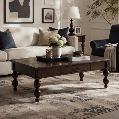 Table basse rectangulaire en bois avec tiroir de rangement, table de cocktail rétro avec pieds en bois massif en forme de gourde pour le salon, assemblage sans outils