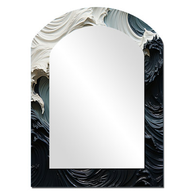 Abstrait bleu et blanc océan tempête II - miroir décoratif arche côtière, miroir mural asymétrique bleu, impression d'art en métal