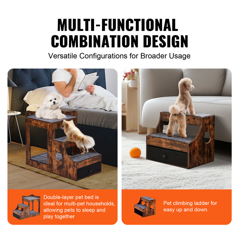 Rustic Brown Wooden Pet Bunk Bed with Storage and Stairs