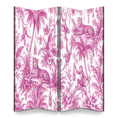 4 Panels Folding Screen Room Divider Royal Pink Vintage Jungle Toile Monkeys Leopards Tropical Plants Canvas Screen Room Separator Freestanding Protective Wall Divider Privacy Partition