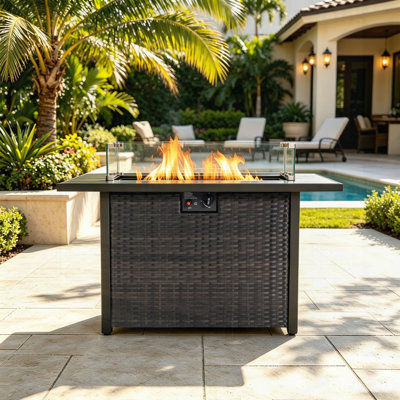 Table de foyer rectangulaire au propane, foyer d'extérieur 2 en 1 de 50 000 BTU avec pare-vent en verre trempé, idéale pour les fêtes dans la cour et le jardin