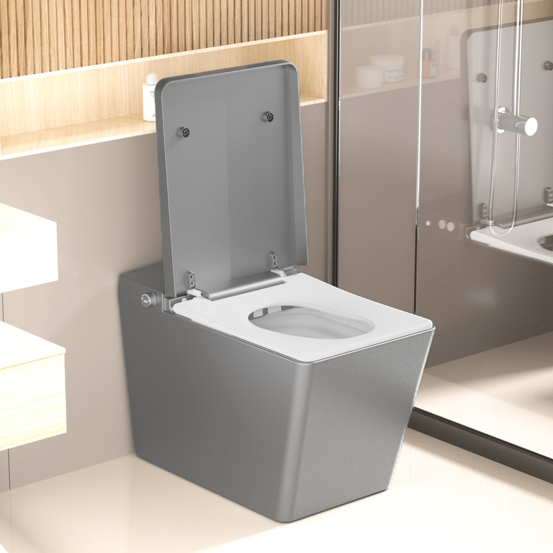 Toilette intelligente avec réservoir intégré, capteur de pied, chasse d'eau automatique, eau chaude instantanée, siège chauffant, plusieurs modes de nettoyage, télécommande, style contemporain, affichage numérique à DEL carré gris mat de luxe,
