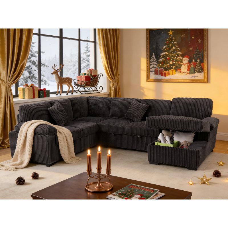 118”U-Shaped Sleeper Sectional Modular Corduroy Sofa With Ottoman&Pull Out Bed, Dark Gray Corduroy