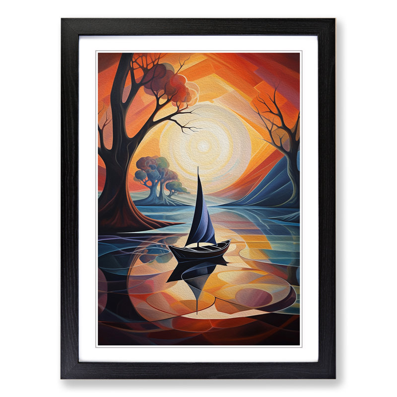 Boat on a Lake Futurism Art - Framed Print, 34cm H x 25cm W x 2cm D, Black Framed