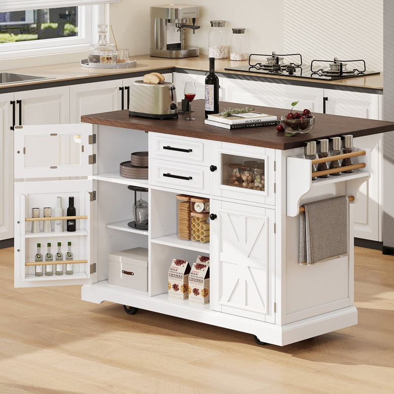 54.9" Kitchen Island with Drop Leaf, Power Outletwith 4 Door Shelves, Cross Barn Doors & Visual Glass Door, White