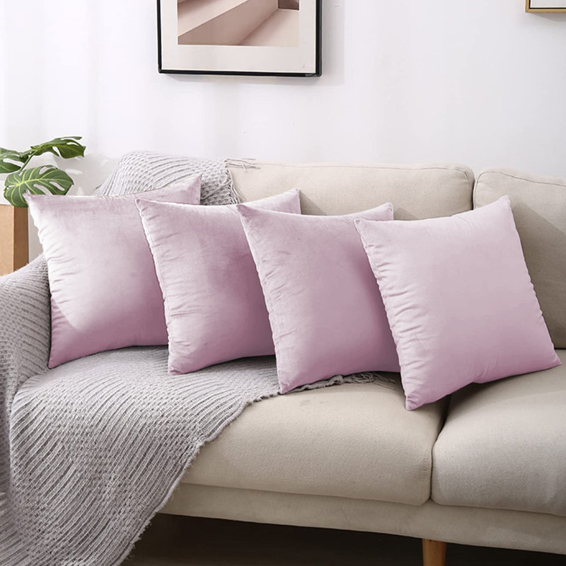 Square Luxury Velvet Throw Cushion Covers for sofa, couch set of 4, Pink