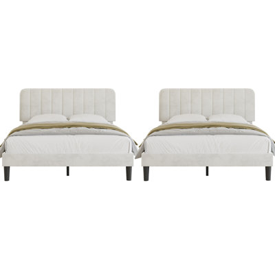 Queen Bed Frame Set Of 2, 2 Pack Upholstered Platform Bed Frame With Adjustable Headboard, Modern Bedroom Bed Set For Apartment, Airbnb, Rental, Guest Room, Home Staging