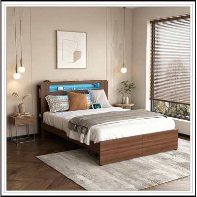 Full Size Platform Bed Frame with 2 Storage Drawers,and with Storage LED Light Headboard