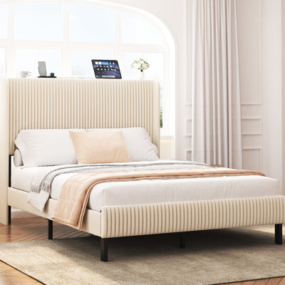 Beige Full Bed Frame With Charging Station And Storage Headboard, Quiet Function, Strong Metal Structure, No Box Spring Needed Size Platform Headboard Station, Slats For Long - Lasting Support,