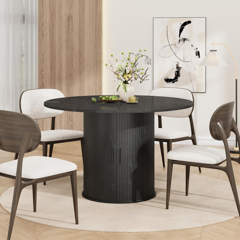 47" Round Dining Table for 4 with 2-Tier Hidden Storage Shelf and Sliding Wood Door, Space-Saving Kitchen & Dining Room Table
