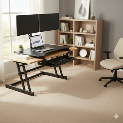 Rocelco 37.5 in. Black Height Adjustable Standing Desk Converter with Dual Monitor Mount and Double Screen Riser Platform