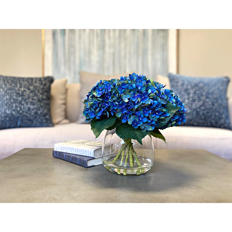 Hydrangea Bouquet In Bubble Glass Vase, Dark Blue