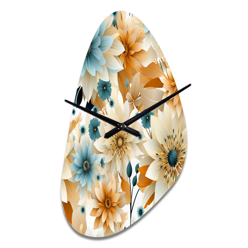 Bleu et beige géométrique fusion florale élégance - horloge murale asymétrique florale, Moyenne