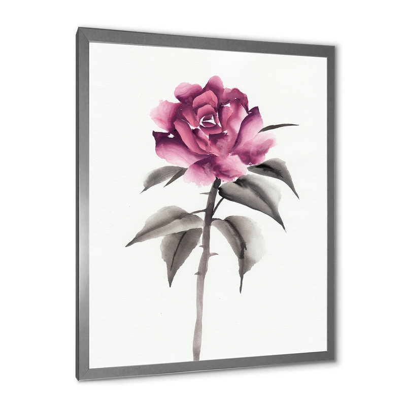 Fleur rose rétro - peinture sur toile, Toile avec cadre argenté, H 32 po x l 24 po x 1,5 po