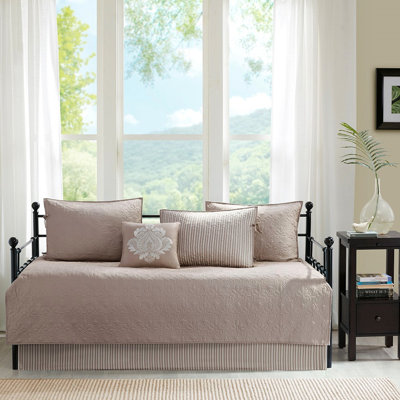 Housse de lit de jour 6 pièces en kaki - Convient à un matelas simple, rayé réversible uni / imprimé, 3 taies décoratives, coussin décoratif élégant, ajustement de 6 matelas, housse de 17 po, merveilleux