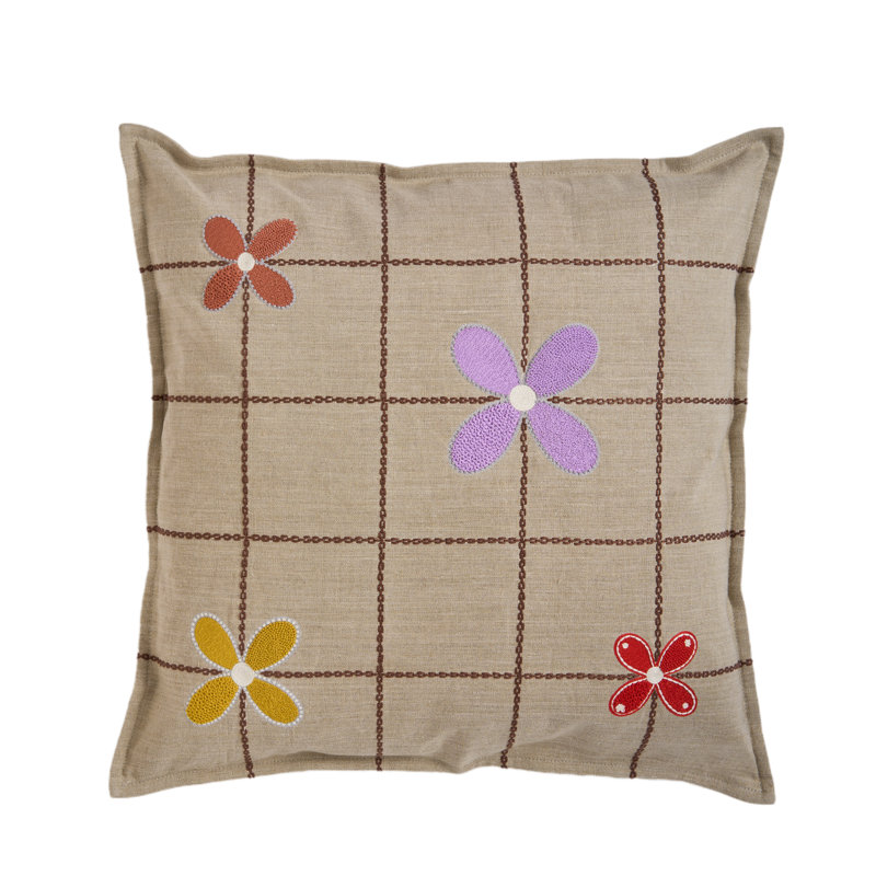 Grid & Flowers Pillow Cover 20x20 Inch, Beige;Purple