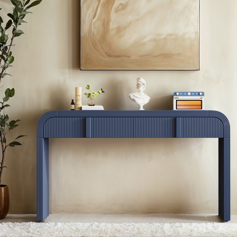 Fluted Console Table With 2 Drawers And Rounded Corners – Modern Entryway Storage Sofa Table For Hallway Or Living Room, Navy
