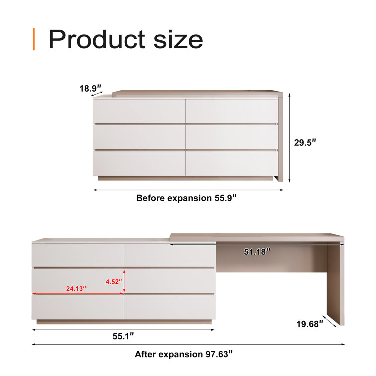 Recruls Home Office 97.6’‘ Extendable Dresser Desk with Storage Drawers, Rectangular/L-shaped Desk