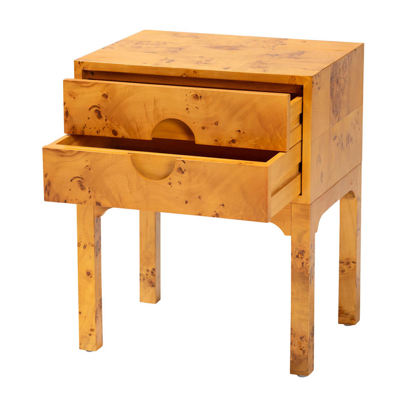 Eishah Modern And Contemporary Natural Light Mappa Burl Wood 2-Drawer Nightstand