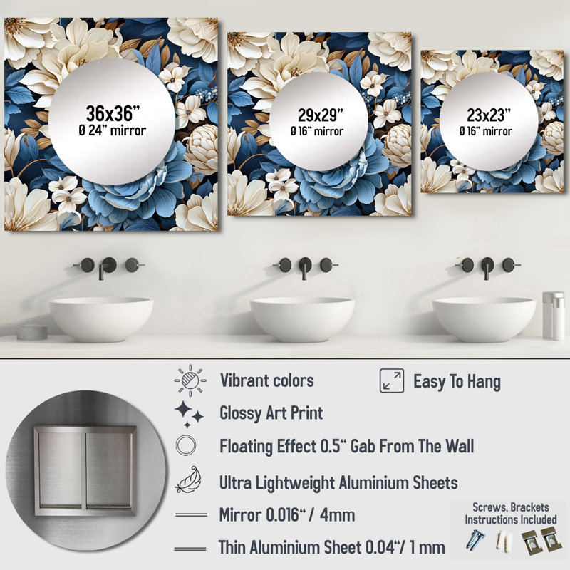 Toile exotique bleue et blanche à motif floral - grand miroir mural carré pour chambre à coucher, 36 po x 36 po