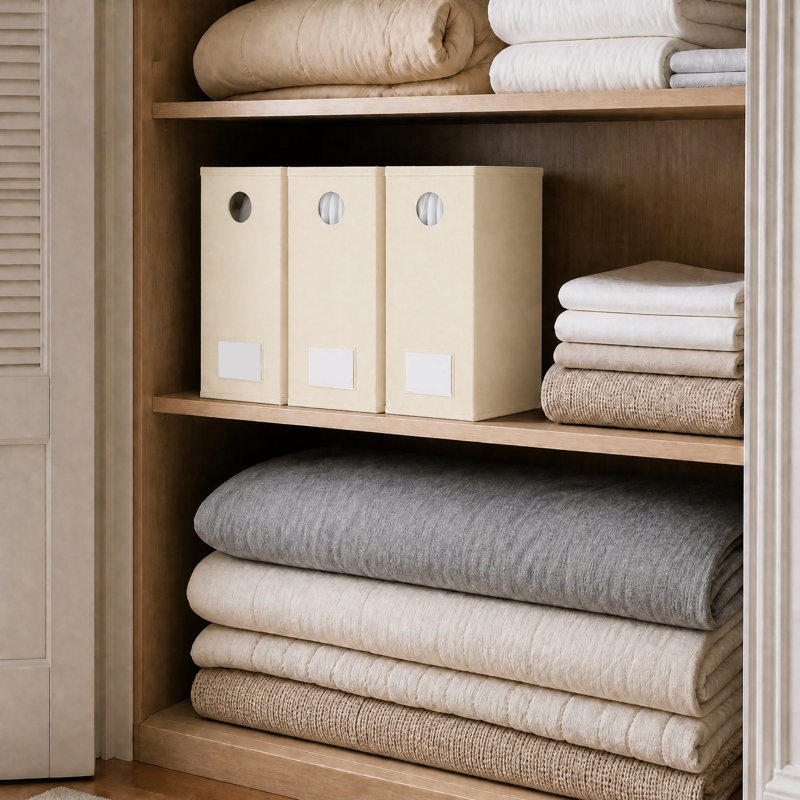 5 Pack Bed Sheet Organizers and Storage, Foldable Linen Closet Organizer with Window for Queen and King Size Bedding, Beige