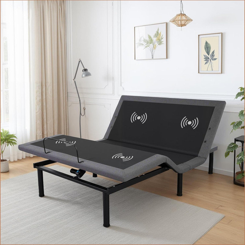 Base de lit réglable avec massage, base de lit réglable avec 2 ports USB et veilleuse sous le lit, inclinaison de la tête et des pieds, cadre de lit électrique avec 4 options de hauteur