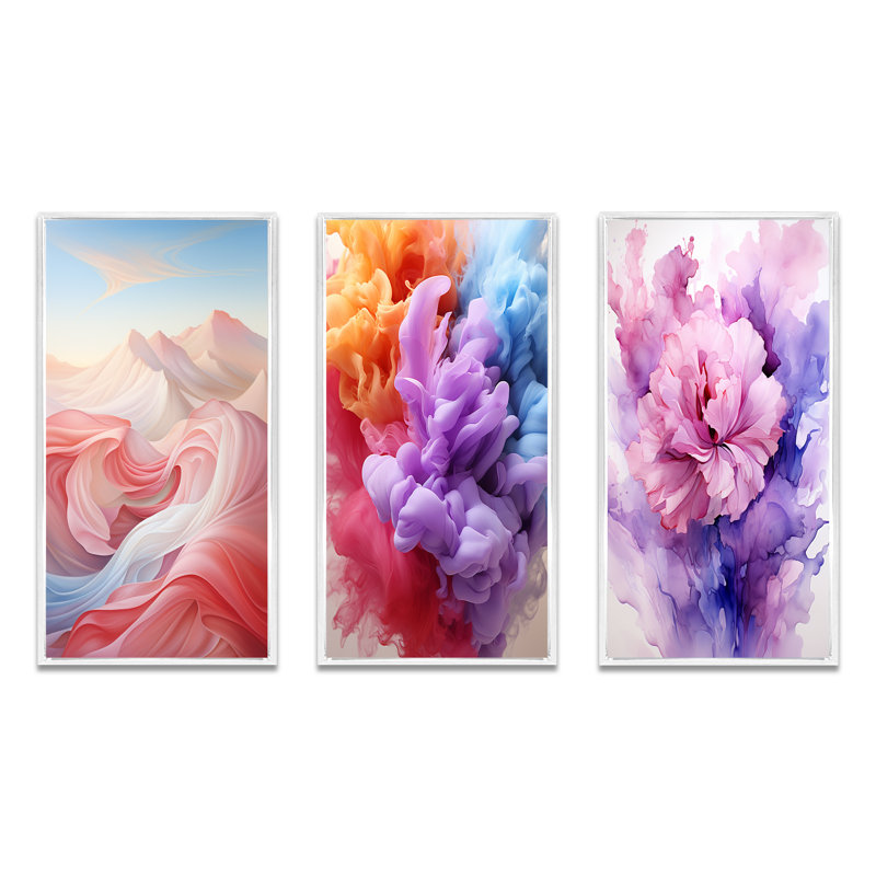 Mauve, bleu, rose et nuages d'encre I - formes abstraites, ensemble de 3 pièces, Cadre flottant blanc, H 32 po x l 48 po