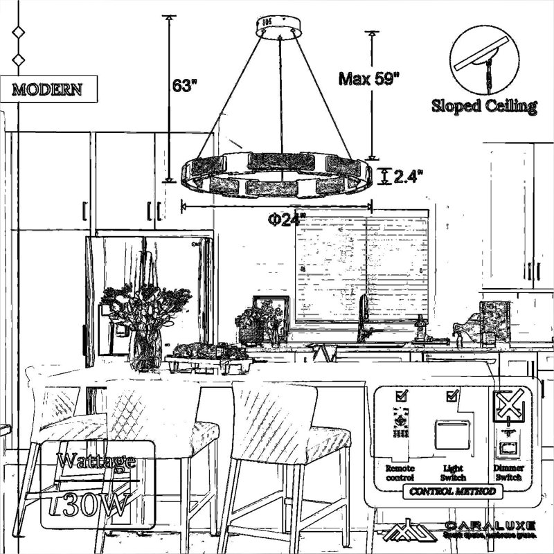 Luminaire de 24 pouces à DEL avec anneau circulaire, lustre circulaire moderne à intensité variable avec 3 températures de couleur, cordon réglable pour la salle à manger, la cuisine, la chambre, le salon et le bureau