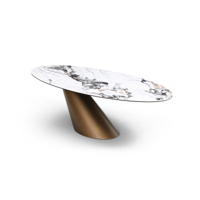 94" Gold Gray White and Bronze Ceramic and Steel Pedestal Base Oval Dining Table