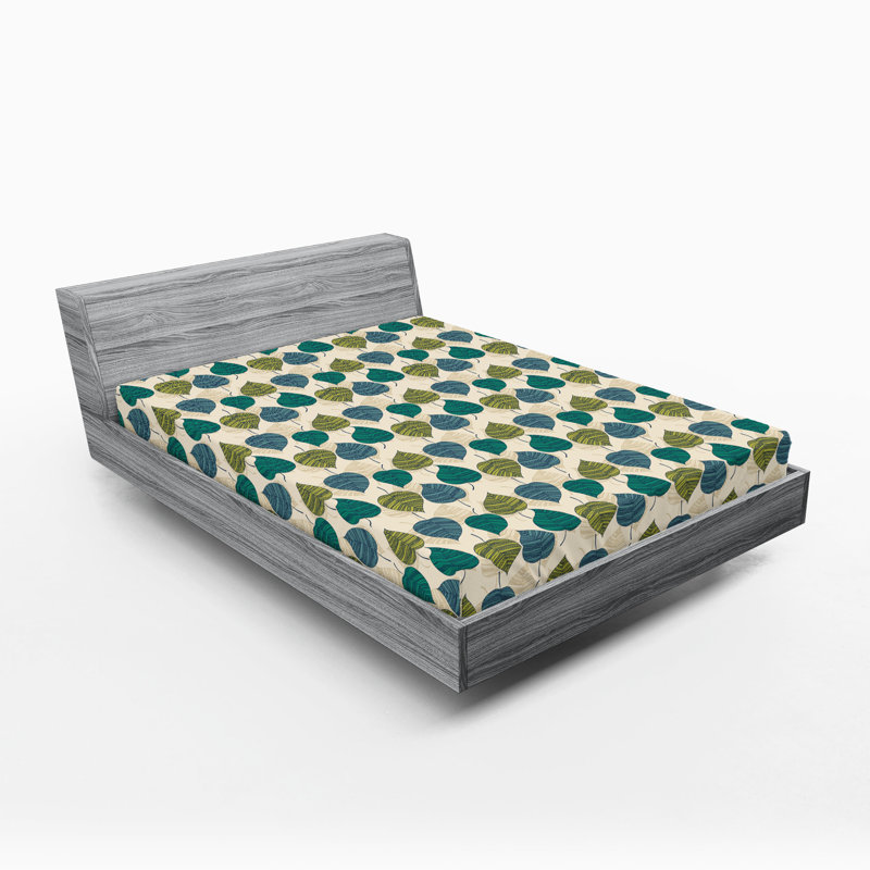 Ambesonne Nature Fitted Sheet Leaves Botanical Style Art, Jade Green/Pale Khaki Floral, King Fitted Sheet