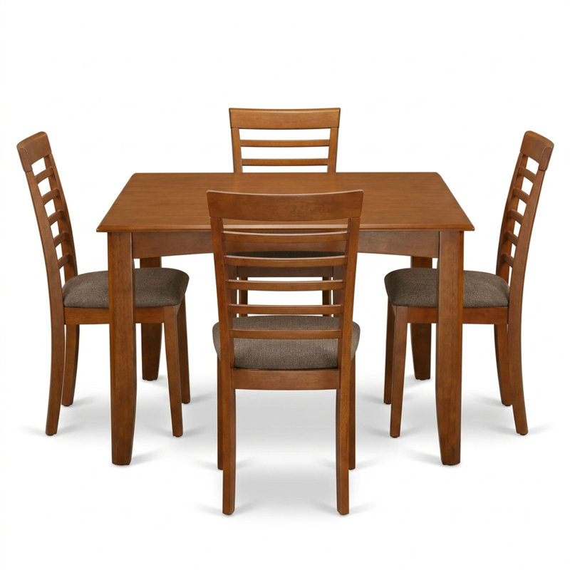 Ensemble de table de salle à manger carrée en hévéa asiatique brun selle avec rallonge papillon et 8 chaises en bois