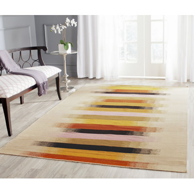 Rodgers Hand Woven Flat Weave H. S. Wool/Cotton Striped Rug in Beige