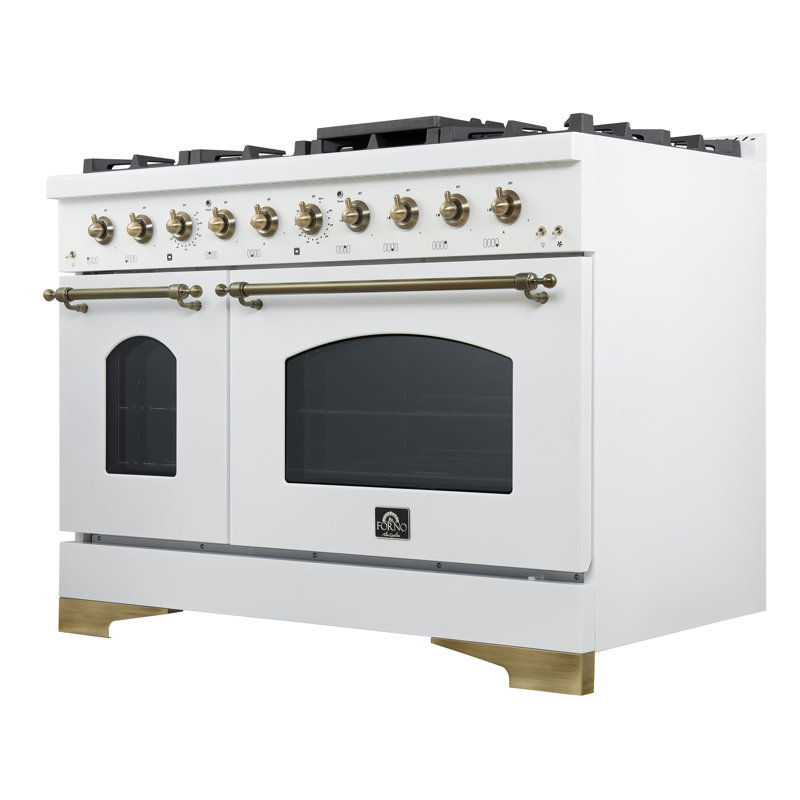 Forno Antico 48-inch Gas Range with 8 Sealed Burners 94,000 BTU, Griddle, 5.5 cu.ft. Double Ovens, Antique Brass Design, Energy Efficient