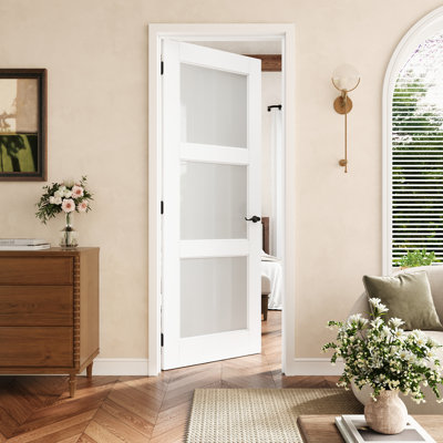 Porte pré-suspendue en verre givré 3-Lite 28 po x 80 po avec charnières noires, dalle de porte d'intimité en verre avec cadre, porte intérieure comme garde-manger, porte de chambre à coucher, porte de buanderie, portes de placard, portes de pièce, main gauche