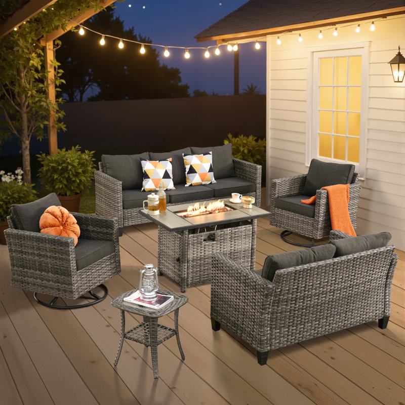 Lovall Premium All-Weather Wicker 7 - Person Patio Conversation Set with Cushions, Black