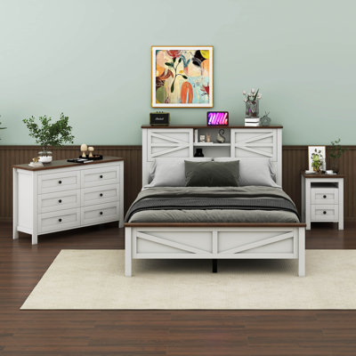 Javaraus 3-Pieces Bedroom Sets Queen Bed with Double Sliding Door Headboard, Nightstand and Dresser by Loon Peak