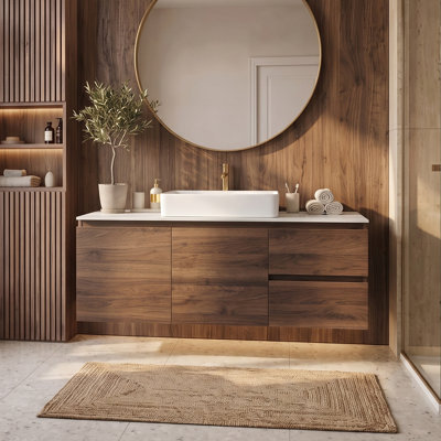 48'' Modern Walnut Wall-Mounted Single Vessel Sink Bathroom Vanity Set with Sintered Stone Top,2 Doors & 2 Drawers