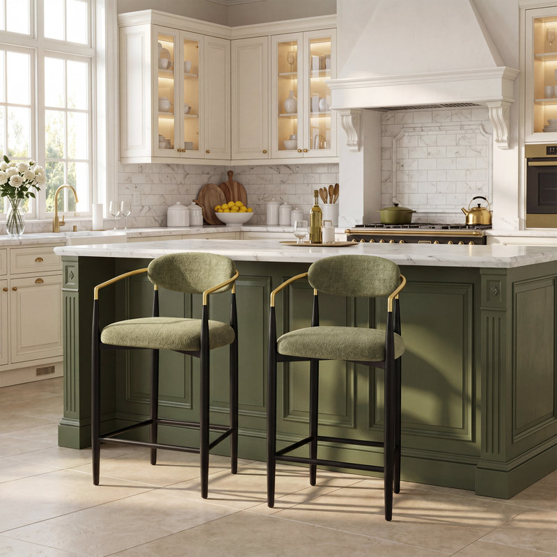 Modern Chenille Bar Stool With Backrest And Gold-Accented Frame, Green