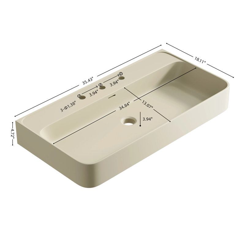 Vasque à poser LORAN 91 cm (36 po) en marbre artificiel avec 3 trous pour robinetterie, sans robinetterie ni meuble, blanche