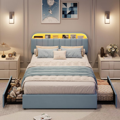 Full Size Velvet Upholstered Platform Bed Frame with Adjustable Storage Headboard, 2 Movable Underbed Drawers, App-Controlled RGB LED Lights, Wood Slat Support, No Box Spring Required, Blue