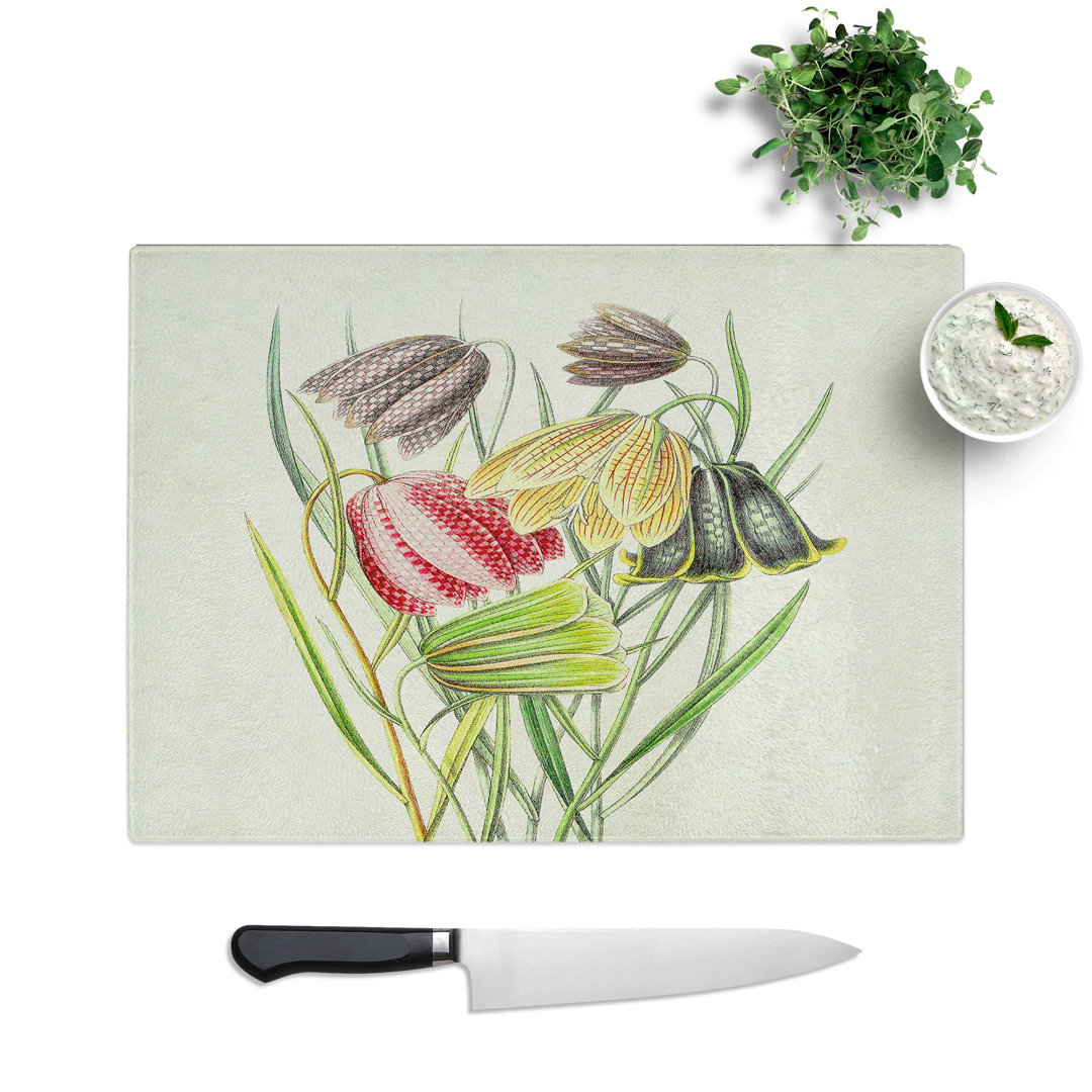Glass Illustration of Fritillaria Lily Flowers Chopping Board