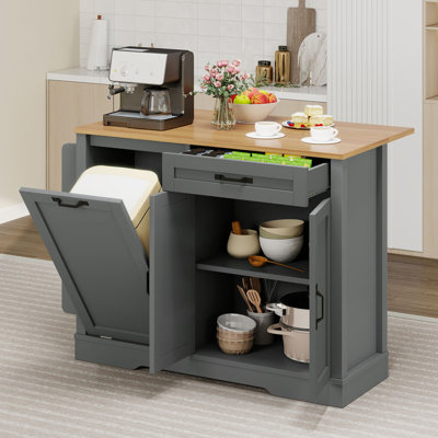 Portable Mobile Rolling Kitchen Island With Trash Can Storage Cabinet & Drop Leaf