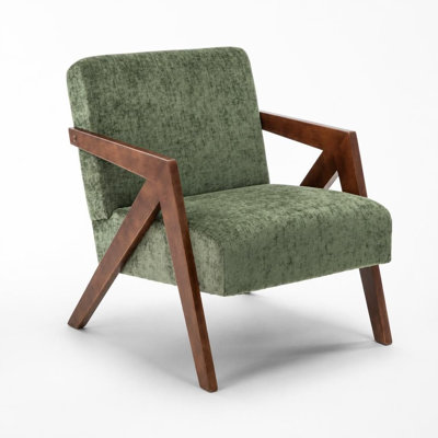 Chaise d'appoint Mid-Century moderne avec structure en bois d'hévéa robuste, fauteuil de lecture rembourré avec tissu chenille doux et coussin haute densité, chaise d'appoint confortable