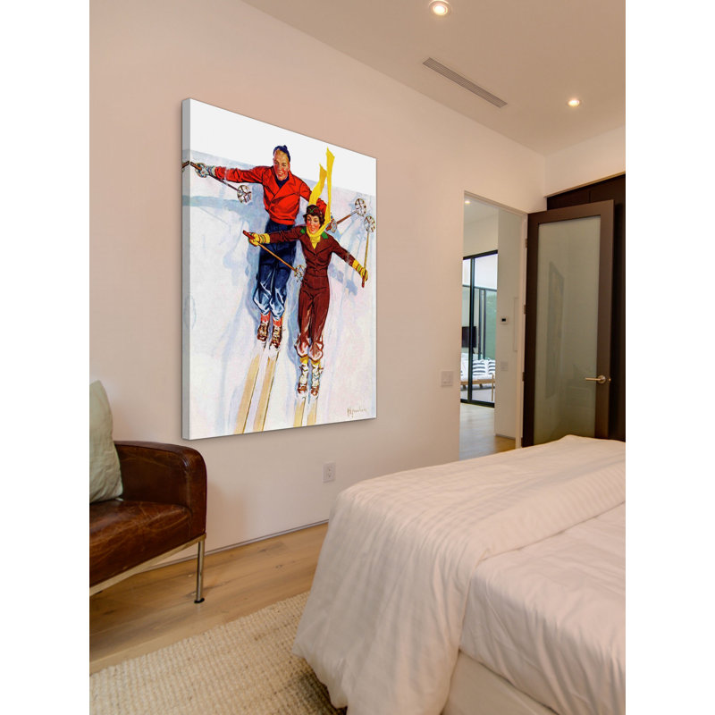 Couple de ski alpin, reproduction sur toile tendue, H 48 po x l 40 po x P 1,5 po