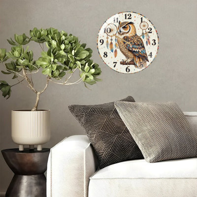 Horloge murale hibou avec attrape-rêves et plumes
