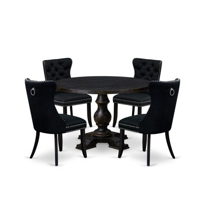 5-piece Dining Room Set included a dining table and 4 Black Polyester Fabric dining chairs with Button Tufted Back - Sand Blasted Black