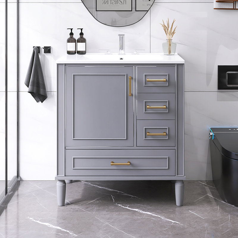 30" Modern Traditional Freestanding Bathroom Vanity Cabinet With Ceramic Basin, Gray