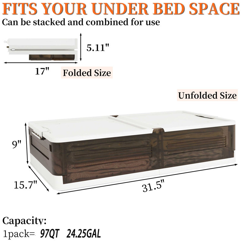 2 pack Under Bed Storage Containers Stackable Underbed Organizer Bins with Lids 39.4"x20.5"x7.7in, 175 qt., Brown