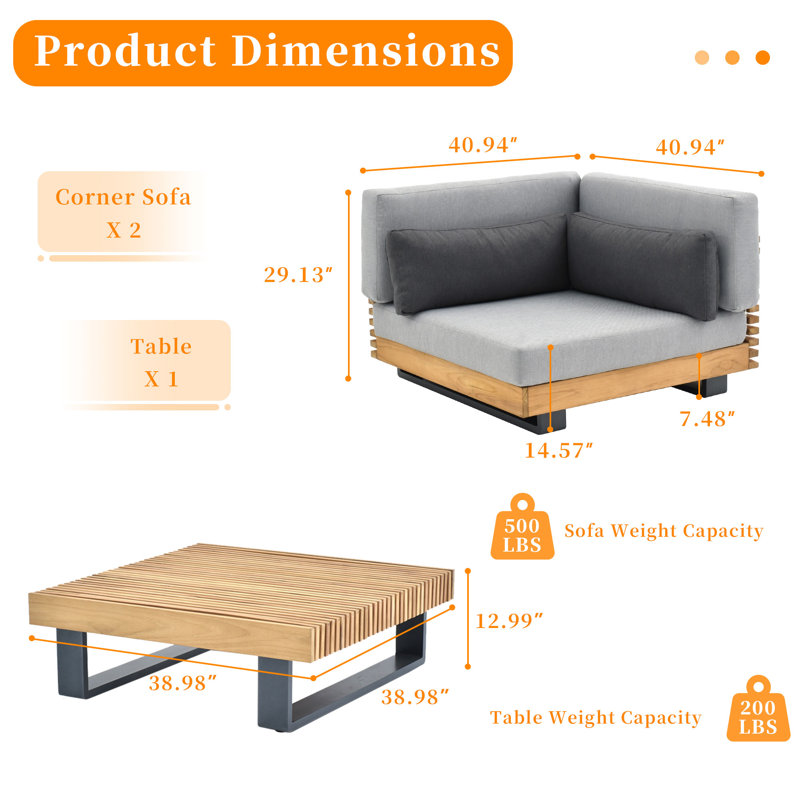 Ensemble de conversation pour l'extérieur, causeuse, 3 Pcs: 2 Corner Modulars, Coffee Table